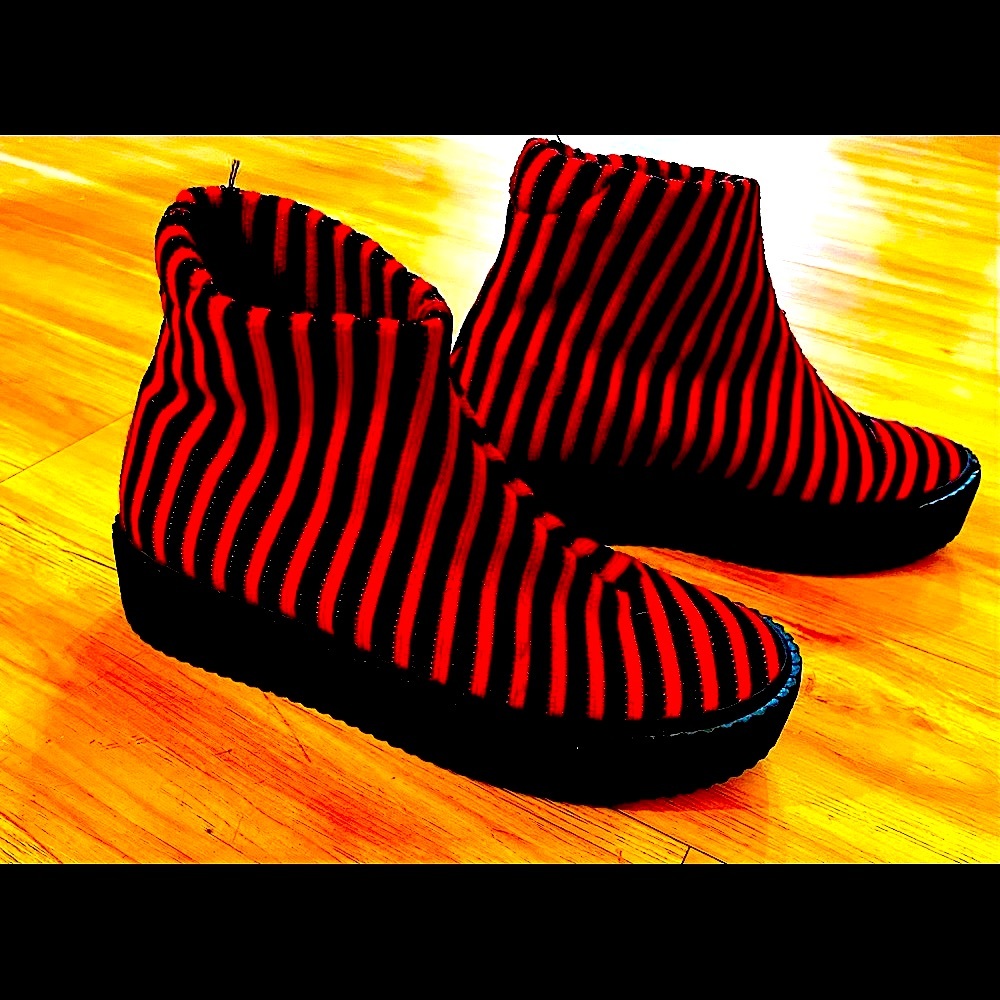 Red Black Boots. Red & black striped booties. Flat wedge. US size 7. Wore once.
